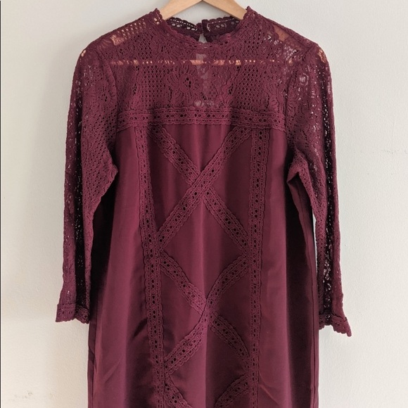Anthropologie ENTRO Burgundy Crochet Lace Tunic DRESS SZ L HOLIDAY BOHO - Picture 2 of 15